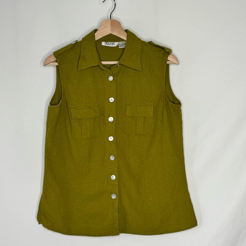 Vintage Linen Blend Olive Green Safari Military Style Sleeveless Button-Up Tank
